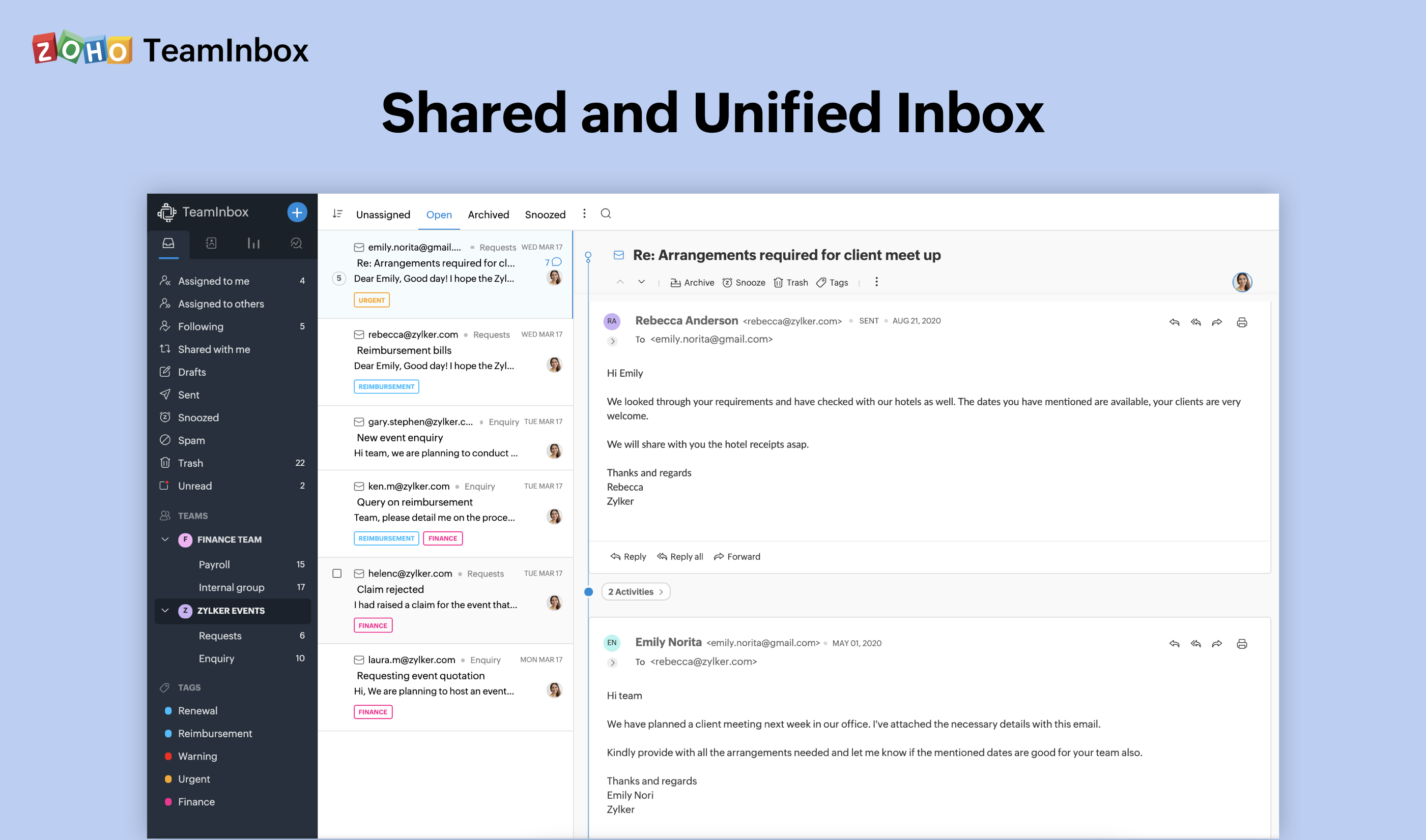 Zoho TeamInbox shared and unified inbox