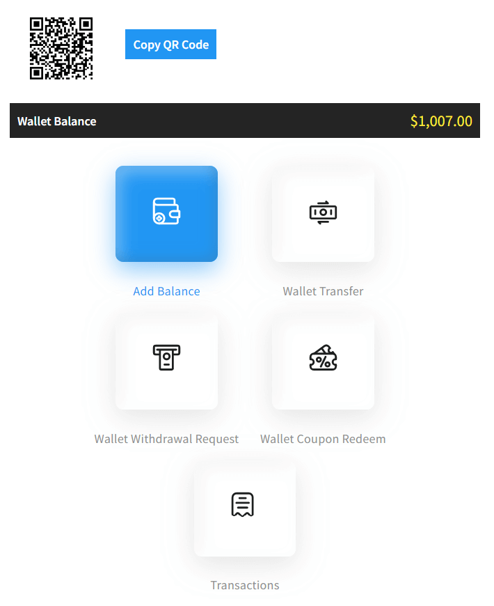 Wallet QR code of other users and recharge or transfer money into their wallets.