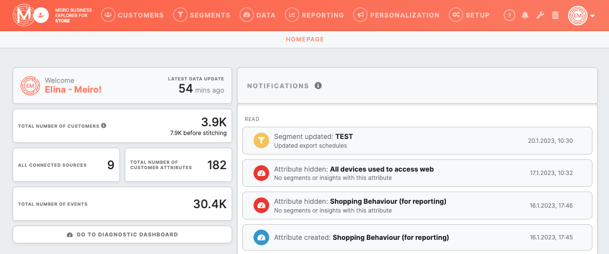 Meiro screenshot: Welcome dashboard