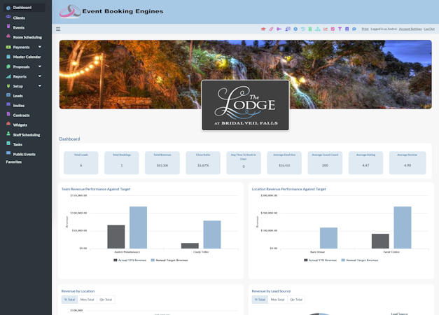 Event Booking Engines screenshot: Dashboard