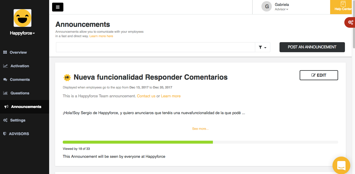 Happyforce screenshot: Happyforce announcements