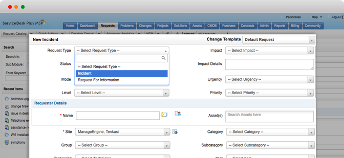 ManageEngine ServiceDesk Plus MSP Software - ManageEngine ServiceDesk Plus MSP new incident creation