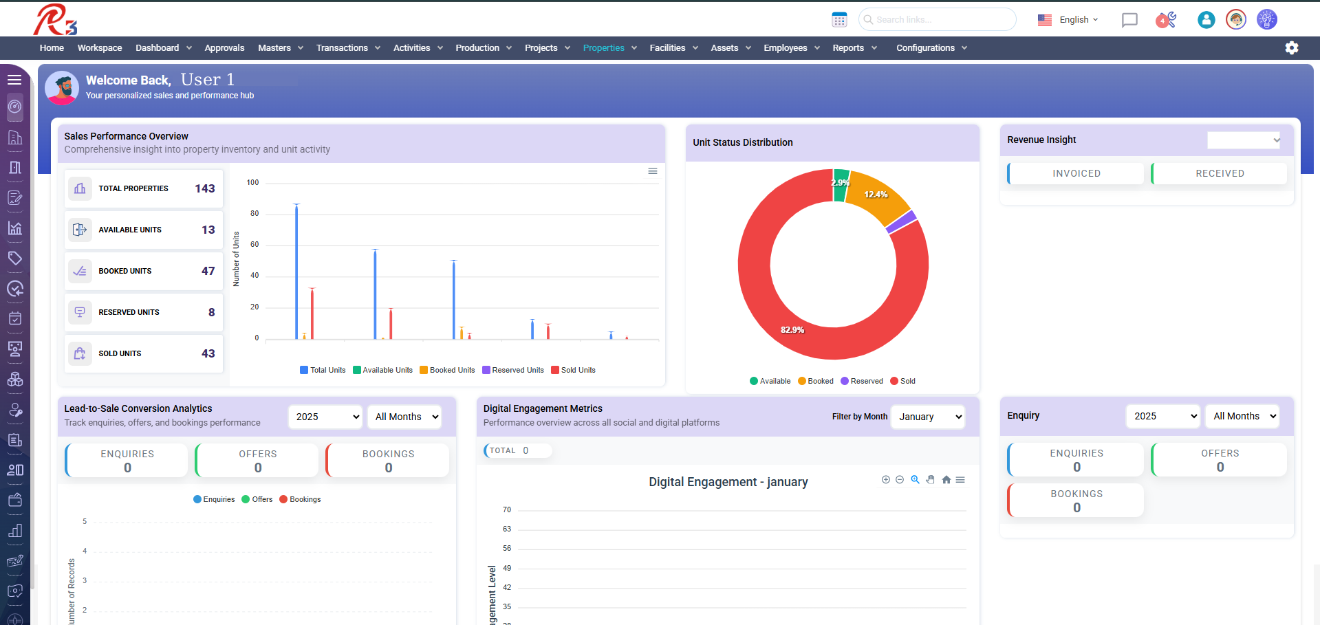 RealSoft ERP screenshot: RealSoft ERP real estate dashboard