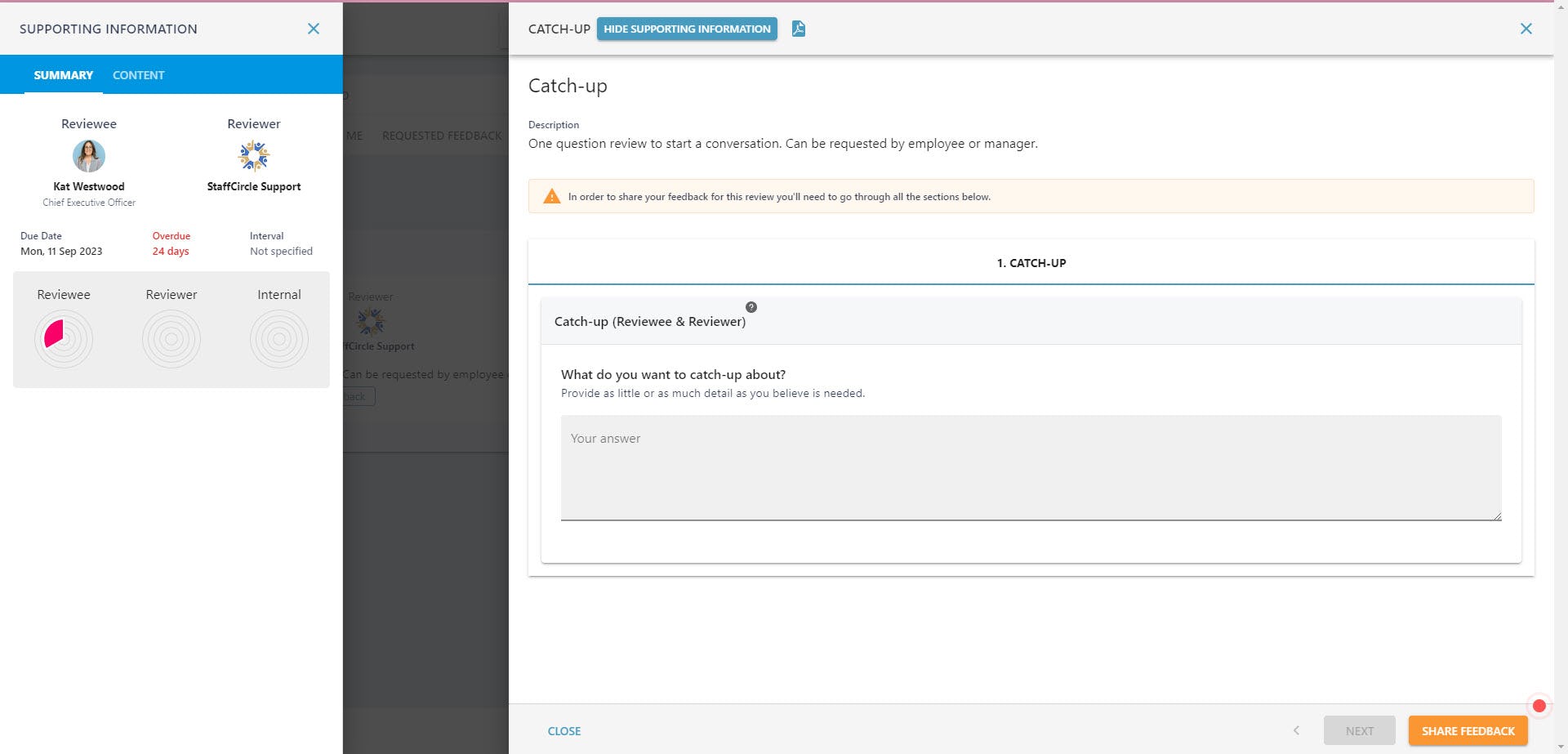 StaffCircle Software - Employee responds to feedback questions as part of their review. Review questions are highly configurable and can be tailored to any review type, or organisation.