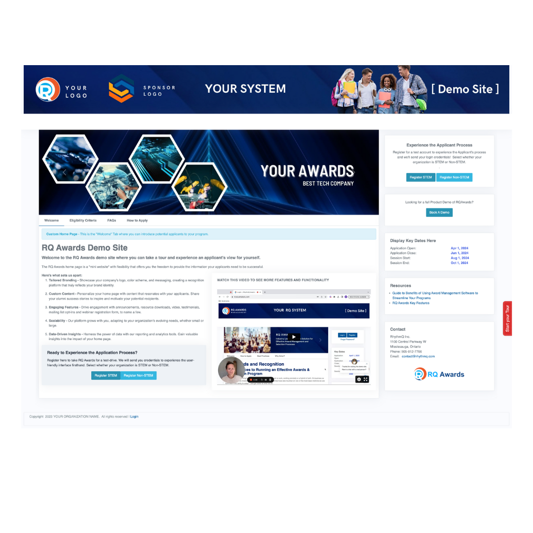 RQ Platform Software - Custom welcome page branded to match your organization’s look and feel, custom domain, rotating graphics, video and widgets with information your applicant’s need to be successful.
