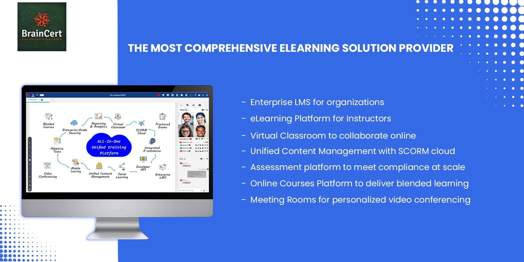 BrainCert offers all the essential building blocks to create a robust and cost-effective eLearning ecosystem in the cloud without worrying about scalability, performance and security posture.