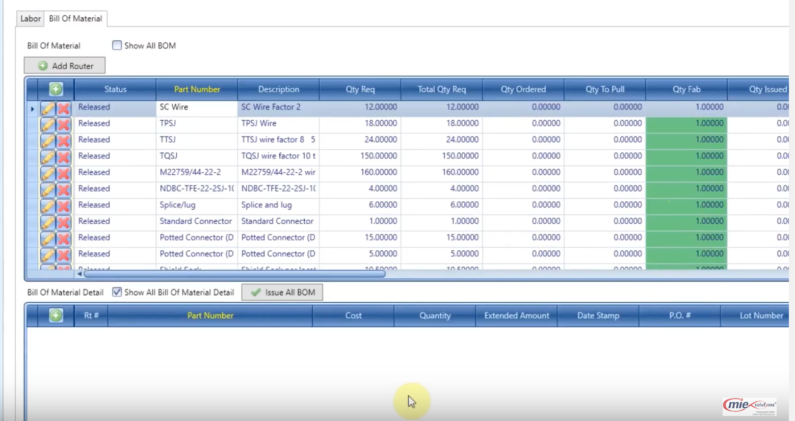 MIE Trak Pro Software - Review all bill of material details