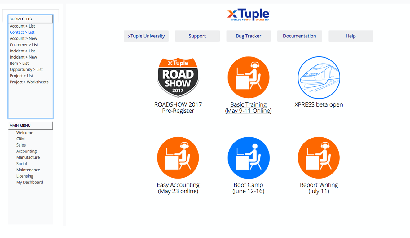 xTuple Software - xTuple application Welcome Page