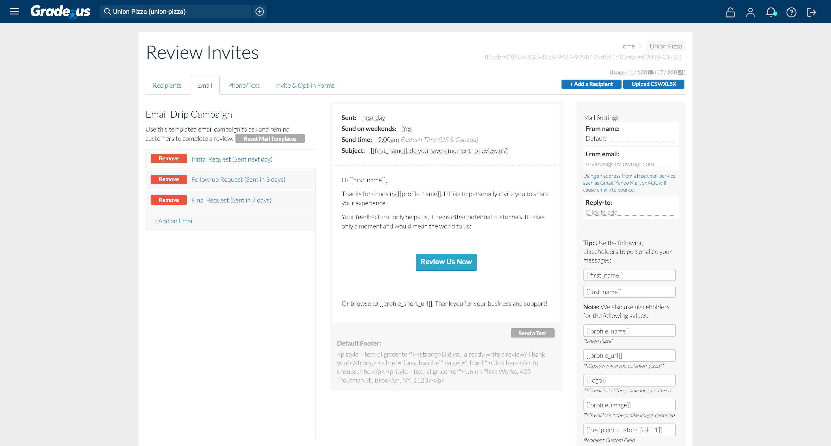 Grade.us runs automated email drip campaigns to ask, remind, and guide customers through completing reviews on the sites important to your business.