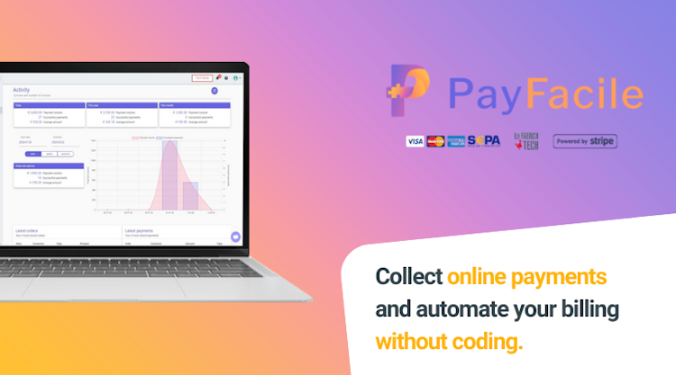 Payfacile screenshot: Build your website in minutes. Connect Stripe in 1-click. Start selling today.