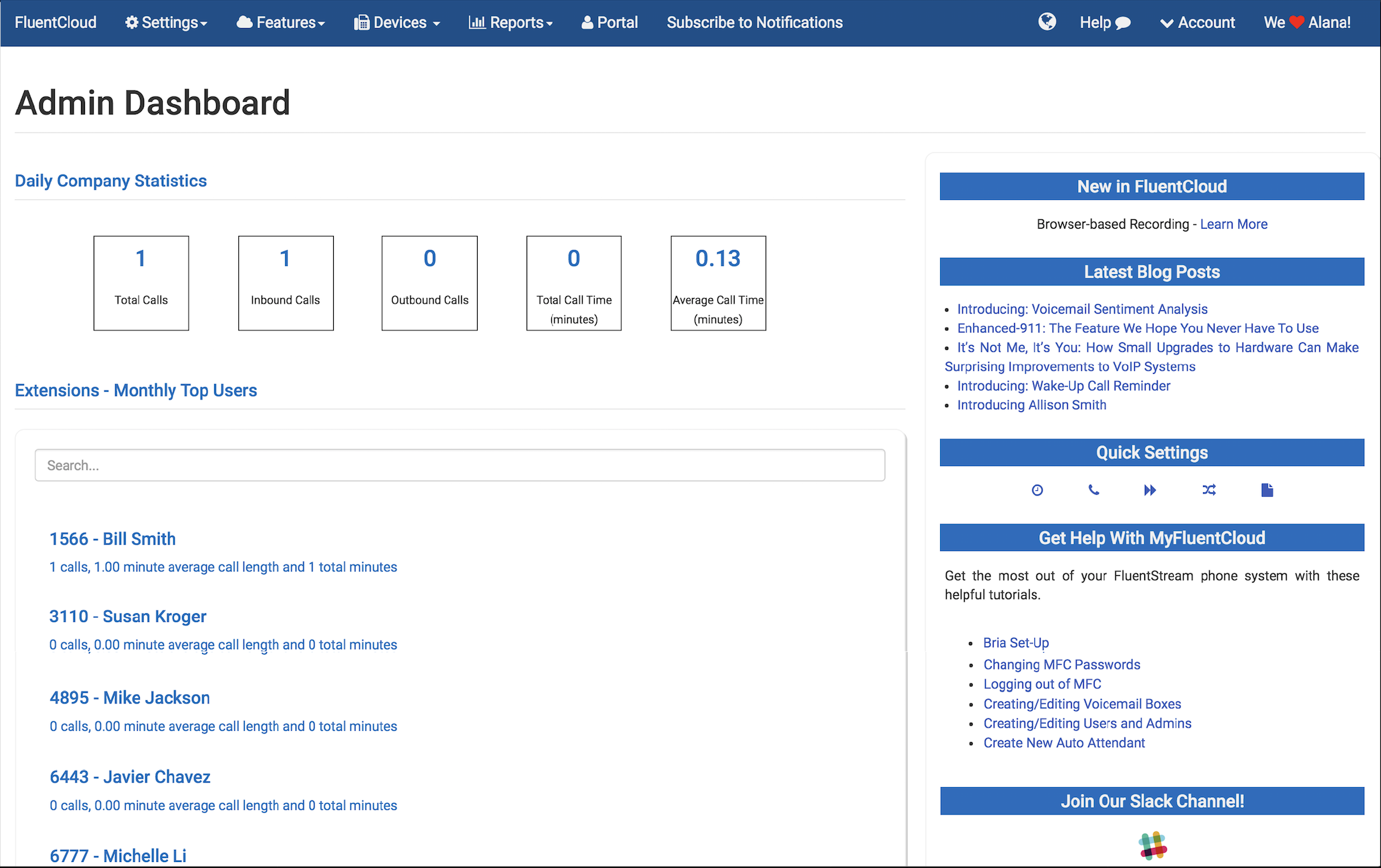 FluentStream Software - Admin dashboard