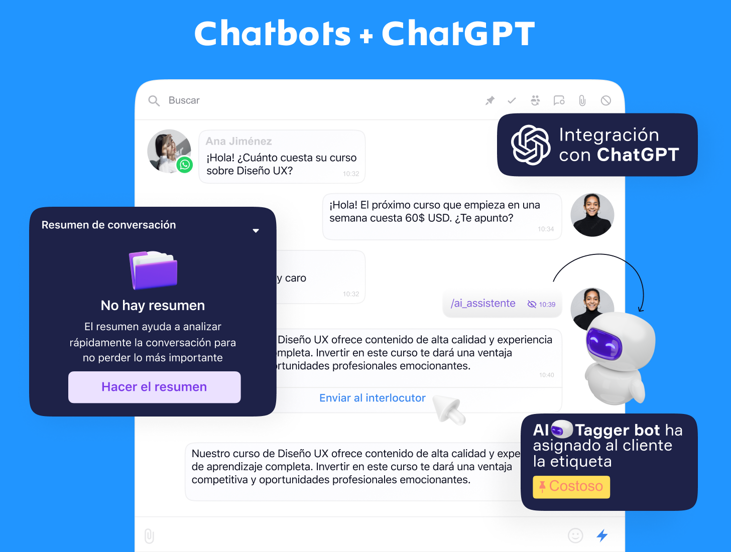 Chatbots para automatizar las conversaciones con tus clientes en WhatsApp, Facebook and Instagram y facilitar a tus asesores la comunicación con clientes usando ChatGPT