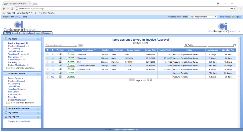 A/P ONE screenshot: A/P ONE invoice approval