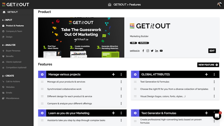 GETitOUT screenshot: Breakdown your Product into clear Features and Sub-features