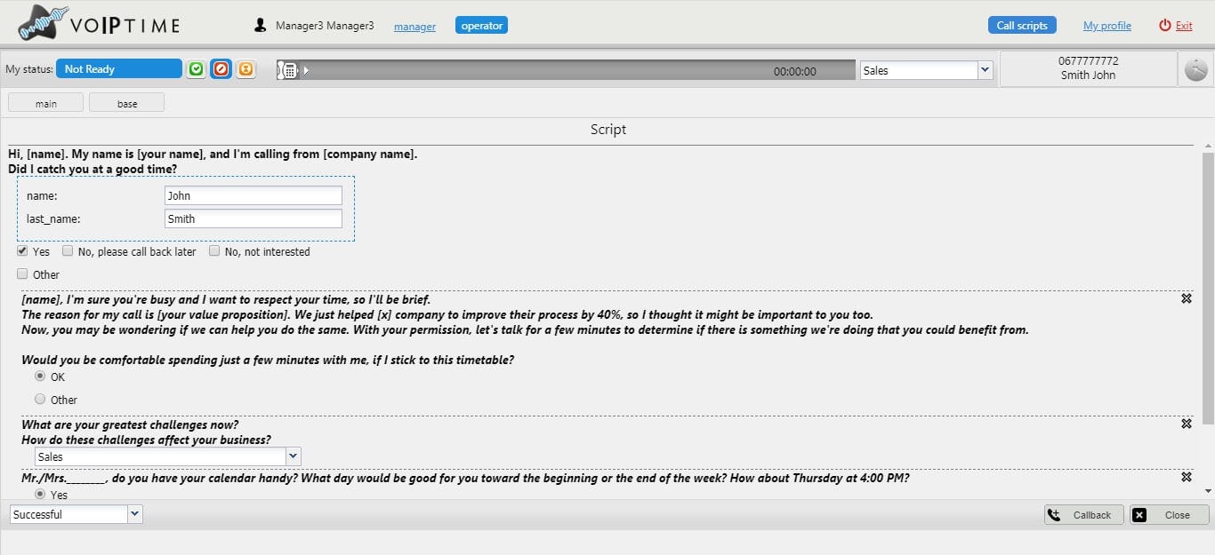 Agent interface with the call script