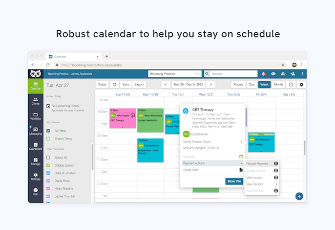 Owl Practice screenshot: Schedule client appointments with ease using Owl’s intuitive calendar and integrated personal appointments feature. A central Owl account can be used to manage many locations increasing billing accuracy and simplicity for clients.