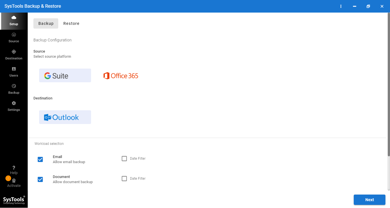 SysTools Cloud Backup & Restore screenshot: Initial Screen of Backup and Restore Tool