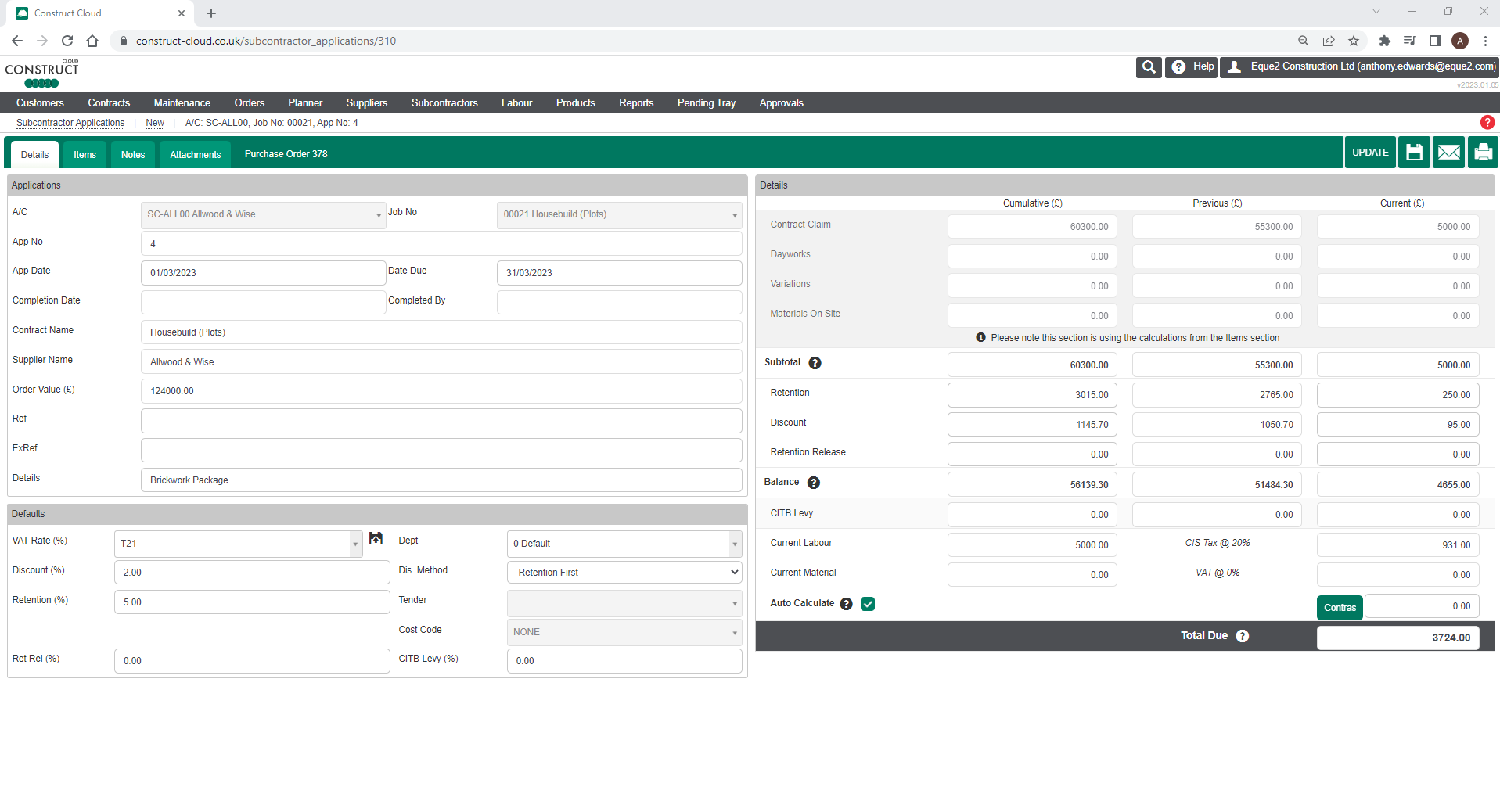 Construct for Sage Software - Subcontractor summary overview