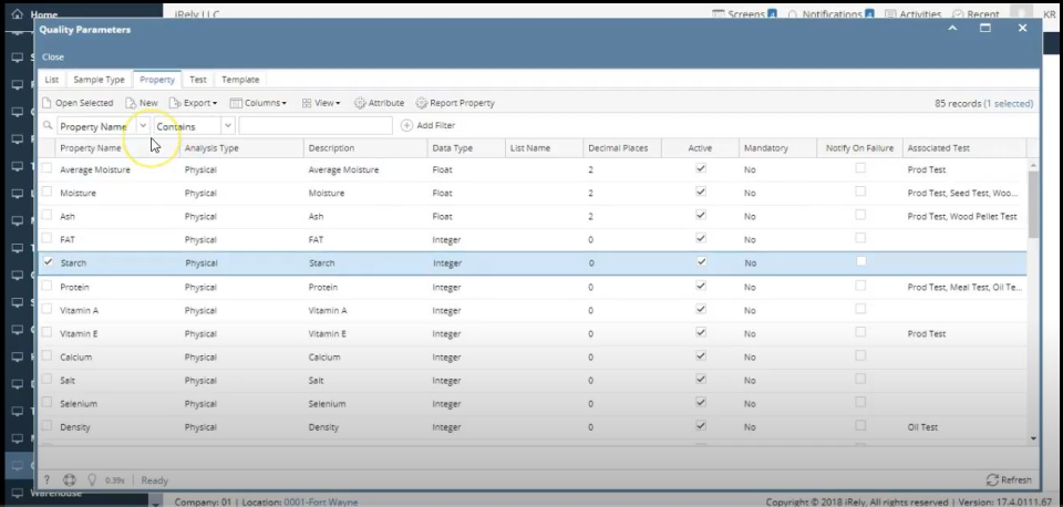 iRely i21 screenshot: iRely i21 quality parameters