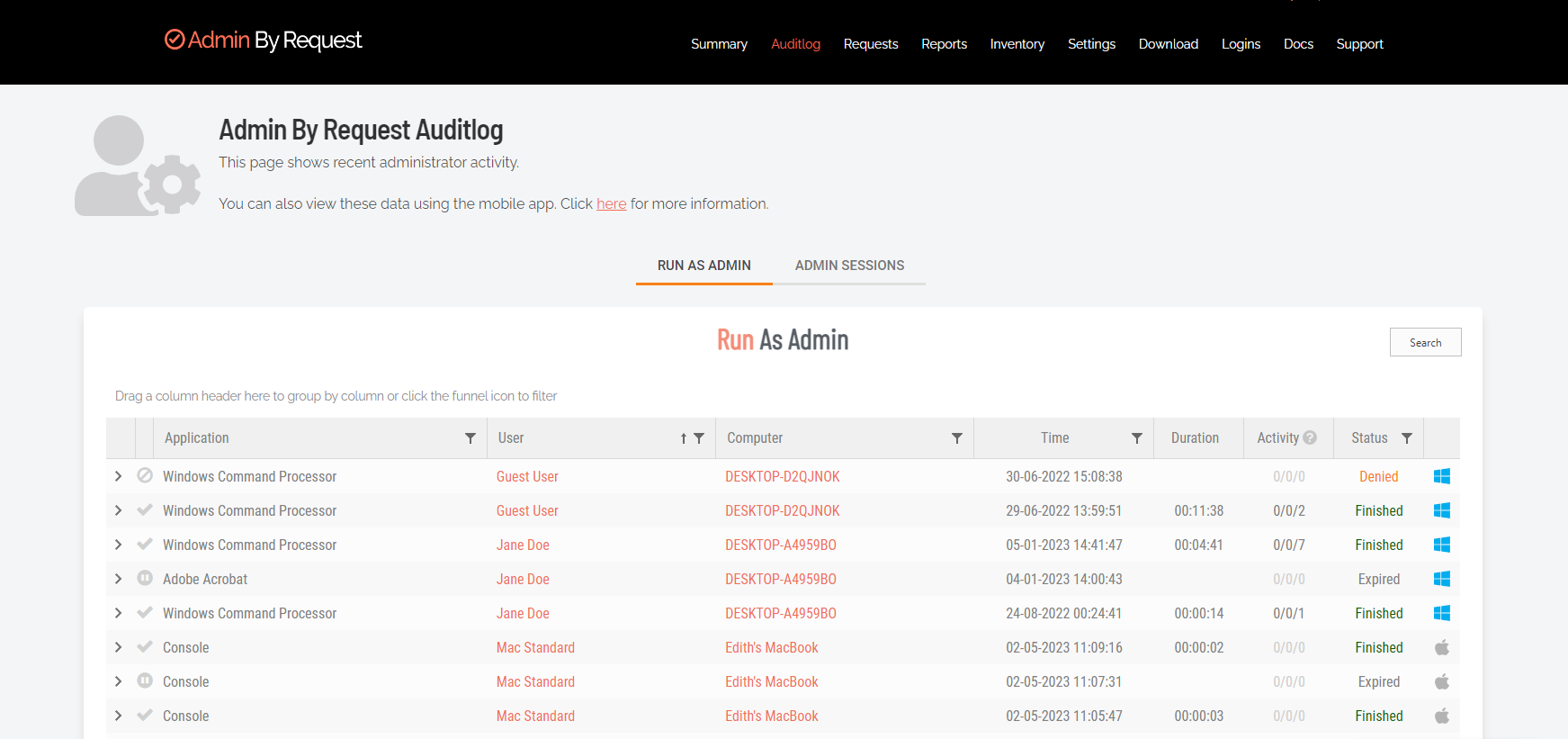 Admin By Request Software - Admin Portal Auditlog