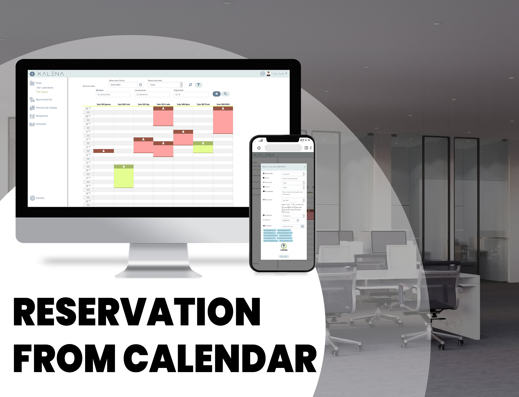 With Kalena you can also use the calendar view to book any space, and use different filters by date, location, capacity, etc.