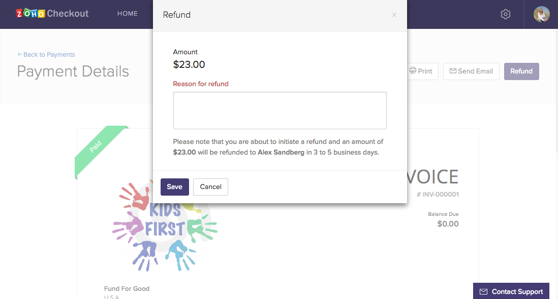 Zoho Checkout can also be used to refund customers when necessary