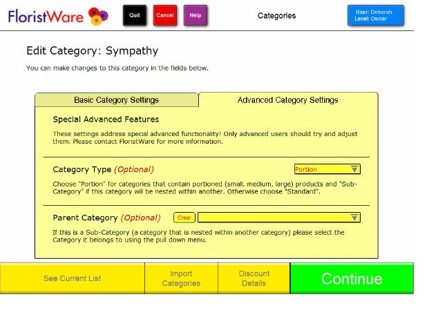 FloristWare Software - Users can edit categories by changing parent type with FloristWare
