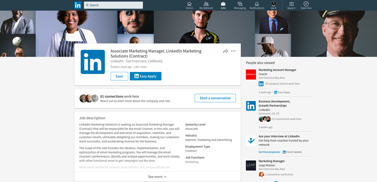 LinkedIn for Business Software - LinkedIn offers a one-click apply feature to submit your LinkedIn profile for the job opportunity