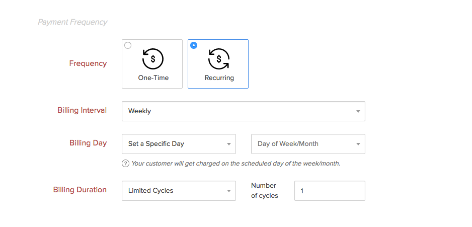 Zoho Checkout gives users control over payment frequencies, billing intervals, dates, and durations