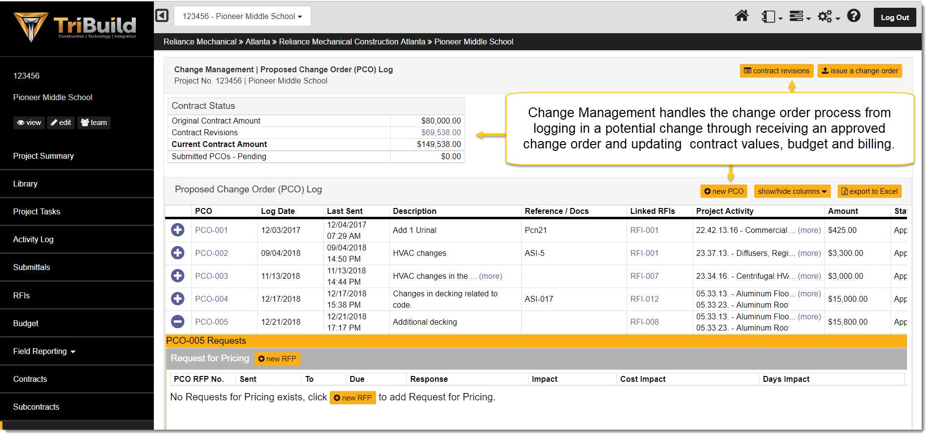 TriBuild Software - TriBuild Construction Management contract page screenshot.