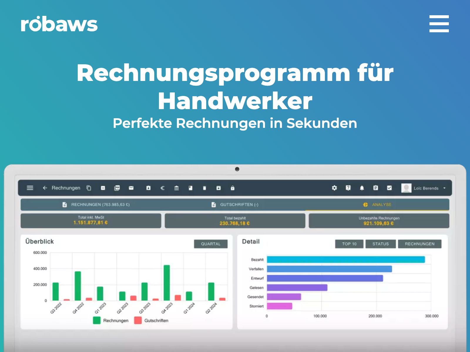 Robaws screenshot: Erstellen Sie in Sekunden rechtssichere Rechnungen, Angebote oder Kostenvoranschläge, ohne sich durch komplizierte Abläufe kämpfen zu müssen. E-Rechnung, ZUGFeRD, XRechnung & Automatisiertes Mahnwesen - Alles in einer Software