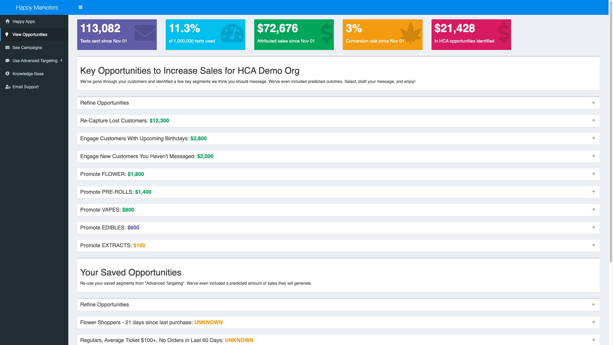 Happy Marketers screenshot: Identify key opportunities with suggested audience segments directly from your account dashboard.