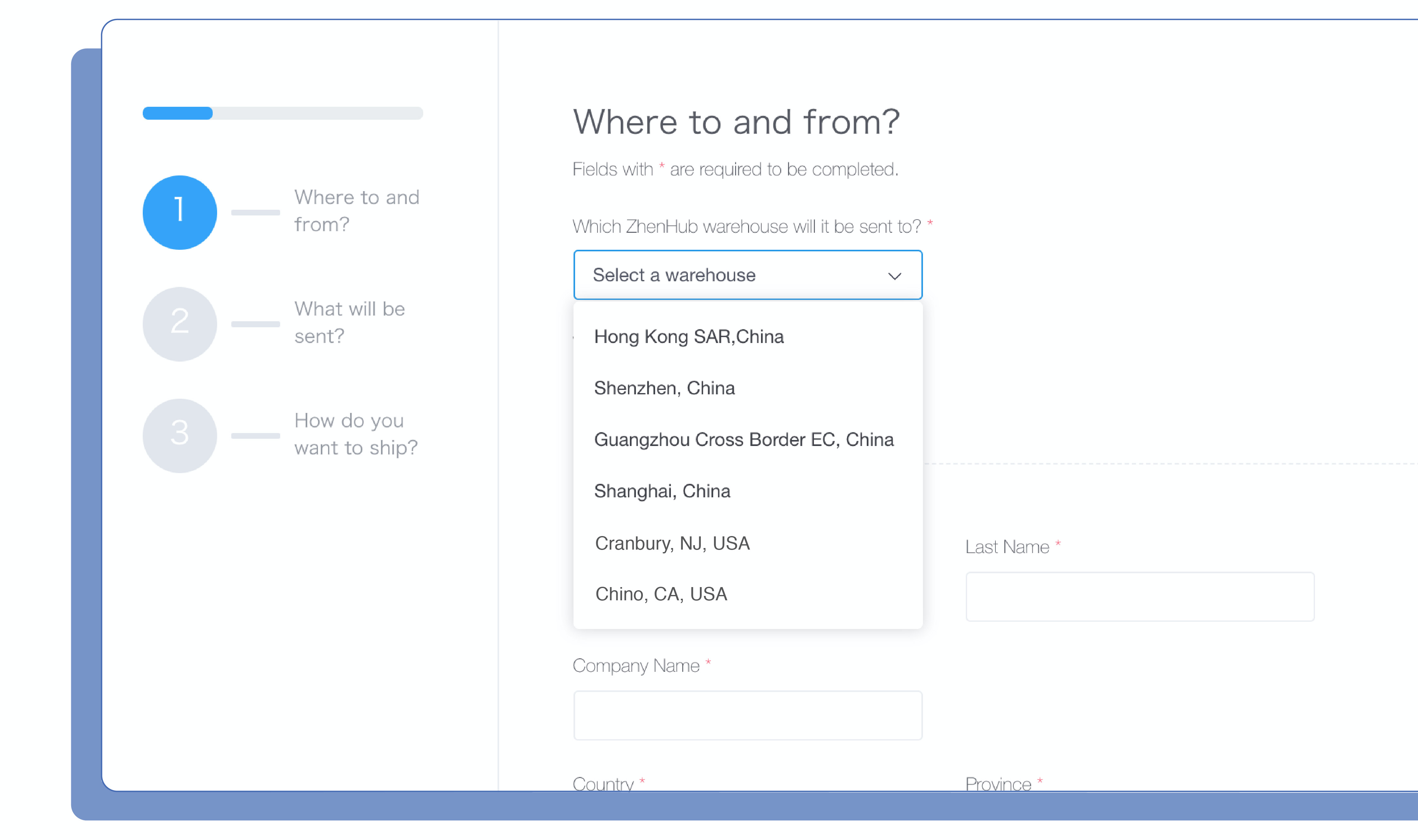 ZhenHub screenshot: Select a warehouse from ZhenHub's global network