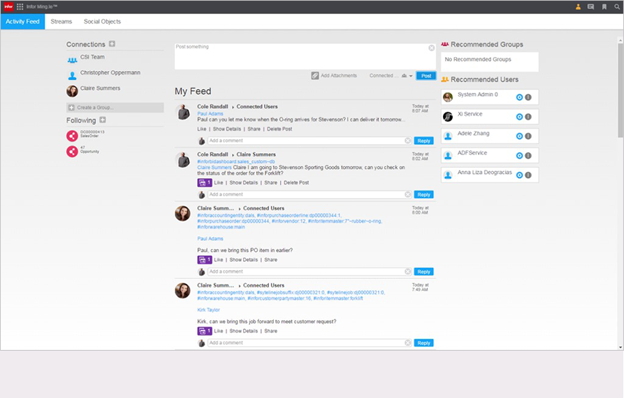 Infor CloudSuite Industrial (SyteLine) - Activity feed