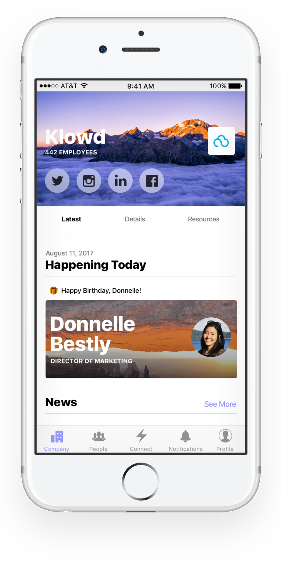 Structural Software - Reminder notifications include updates on coworkers such as their birthdays, as shown within the Company tab of the Structural App on iOS