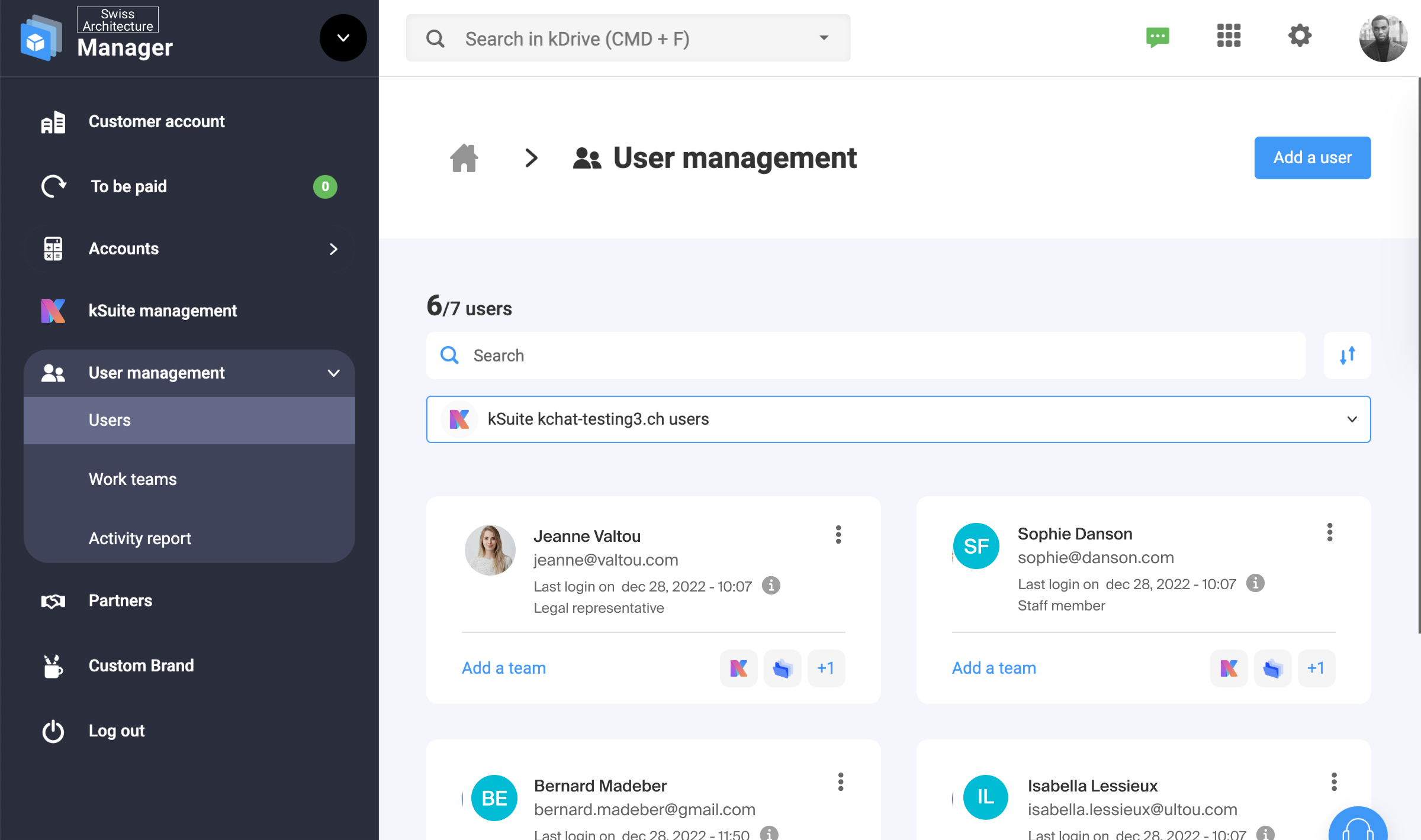 kSuite screenshot: kSuite user management