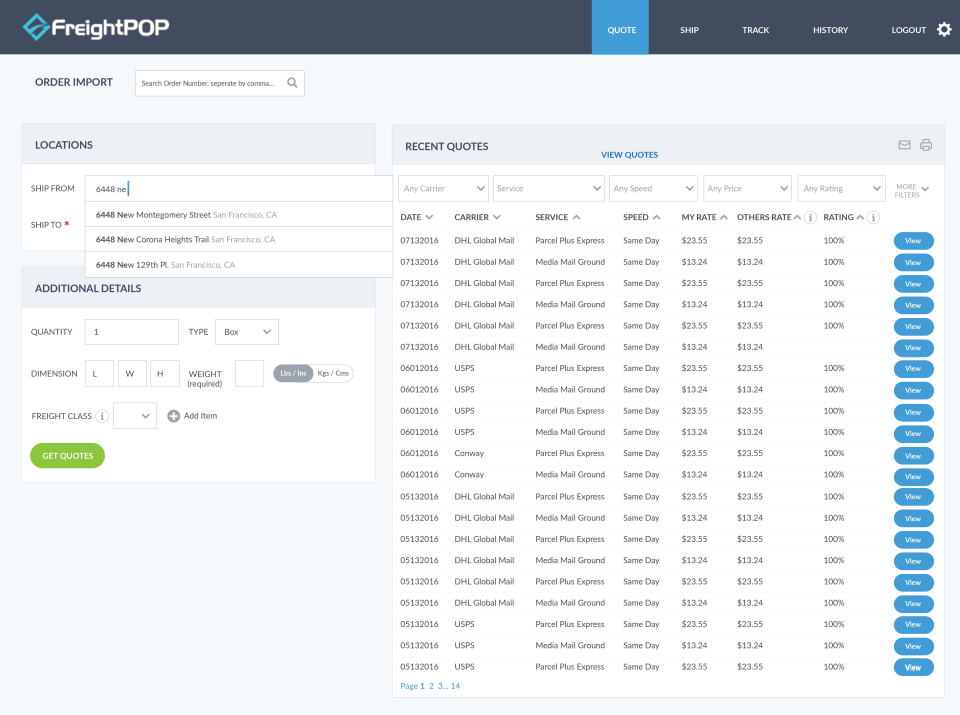 FreightPOP Software - Quote page showing recent quotes and comparisons for shipping between two user-defined locations