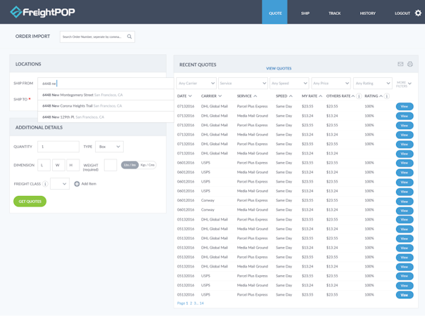 FreightPOP screenshot: Quote page showing recent quotes and comparisons for shipping between two user-defined locations