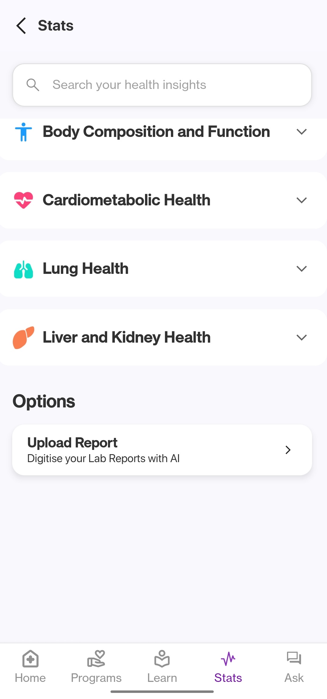 MyTatva app displays users' vital stats of Lung, Liver, Kidney, Cardiometabolic Health, and more in an easy-to-understand, detailed view. Stay informed about your health effortlessly. 