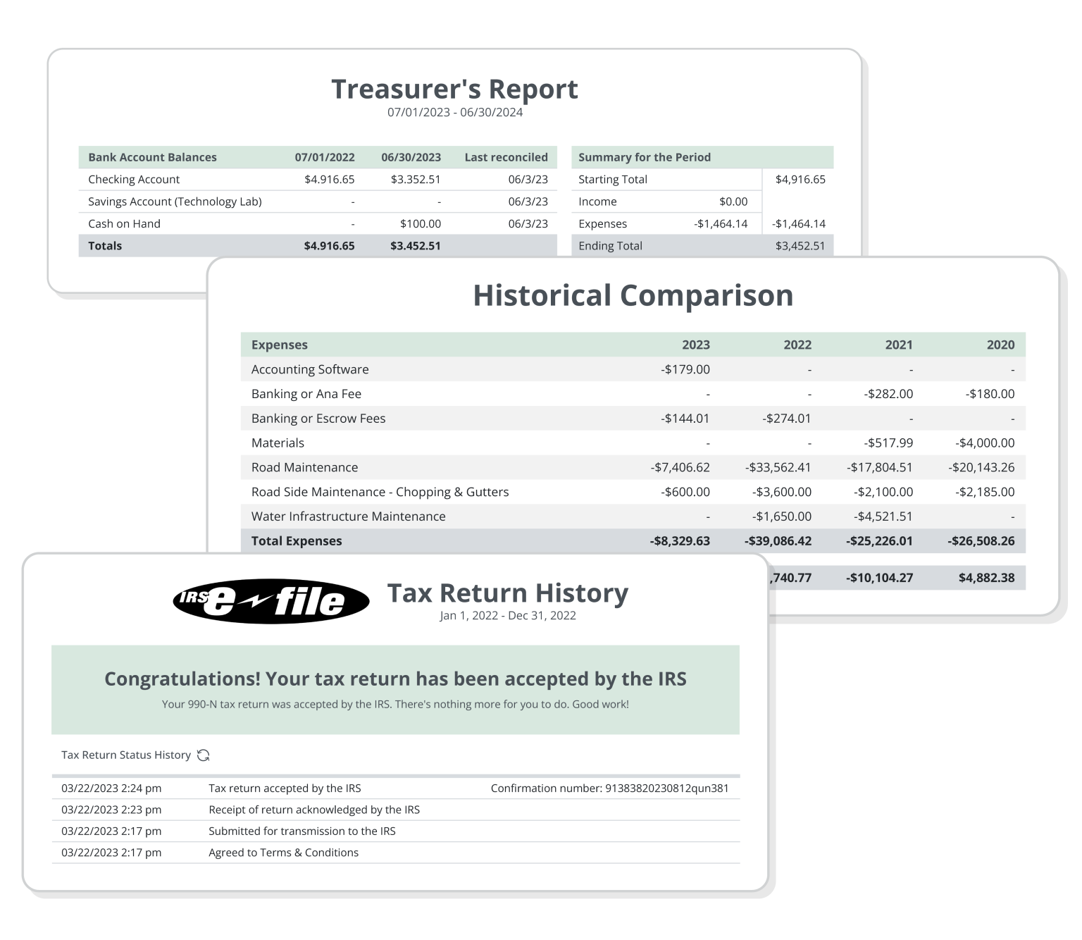 REPORTING, TAXES & YEAR-END | Generate the treasurer's report and dozens of easy-to-run reports to help visualize your group's financial health. Run totals for your 990-EZ or 990-N and e-file with ease.