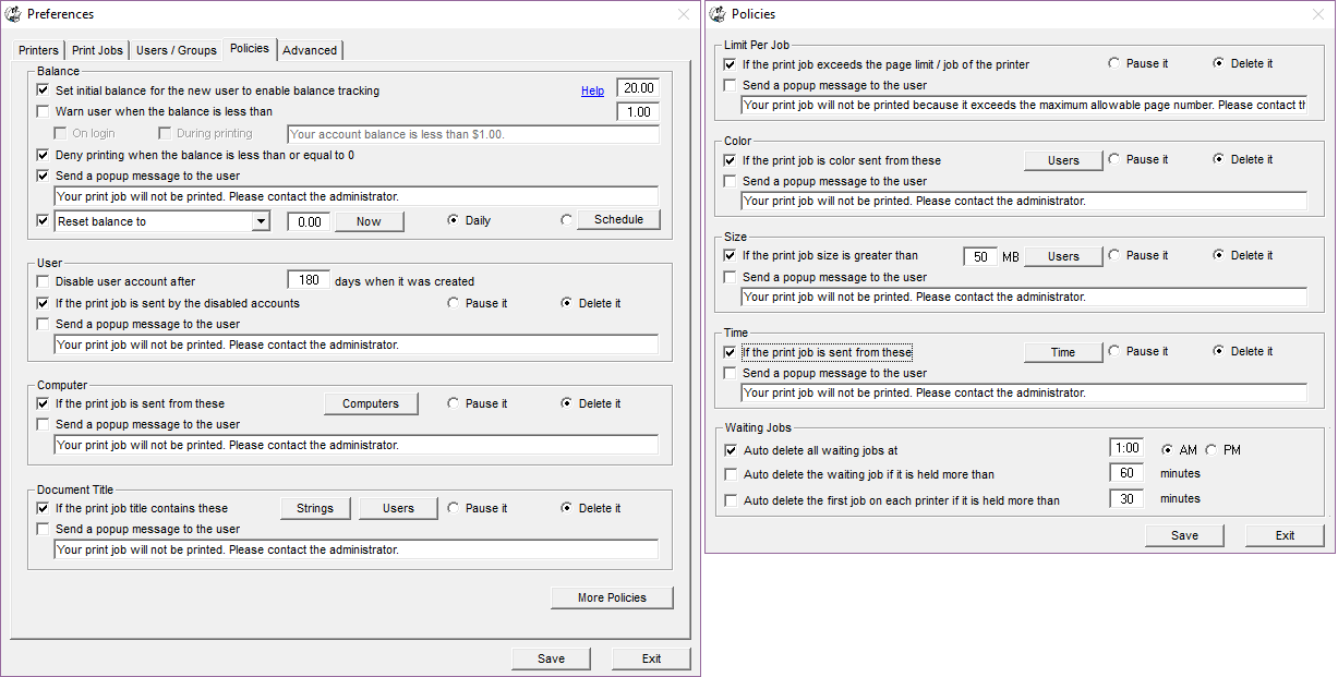 Print Job Manager screenshot: Print Job Manager print restrictions