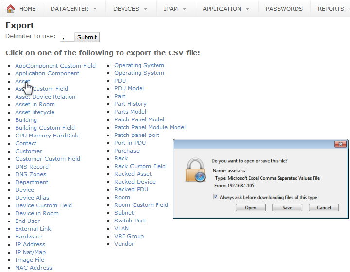 Device42 Software - Export data options include Excel report creation and CSV file generation