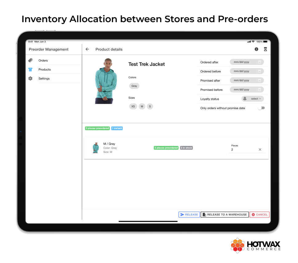 Pre-order app UI for Shopify: Enable merchandisers to reserve some inventory for stores by specifying the quantity of available inventory they want to release for pre-orders that are in the queue.