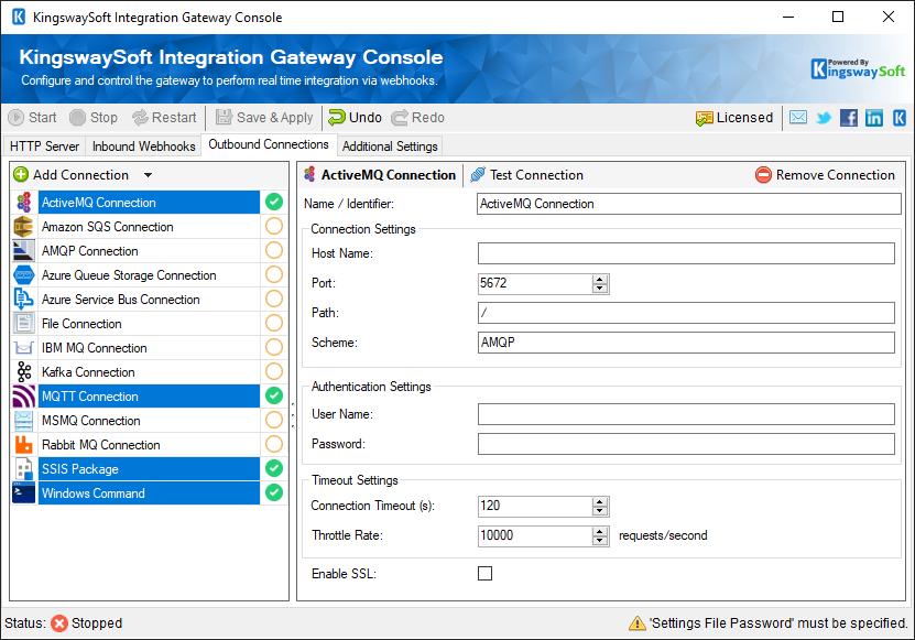 Integration Gateway screenshot: KingswaySoft Integration Gateway Console