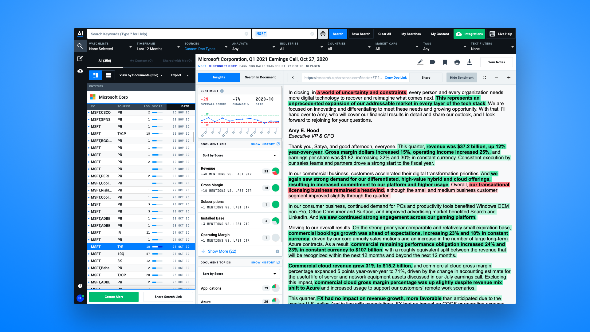 AlphaSense screenshot: Stay ahead of market-moving trends and instantly surface critical information buried within millions of documents. Use AI to search across 2,000+ premium business data sources including SEC filings, earnings calls, broker research, journals and news.