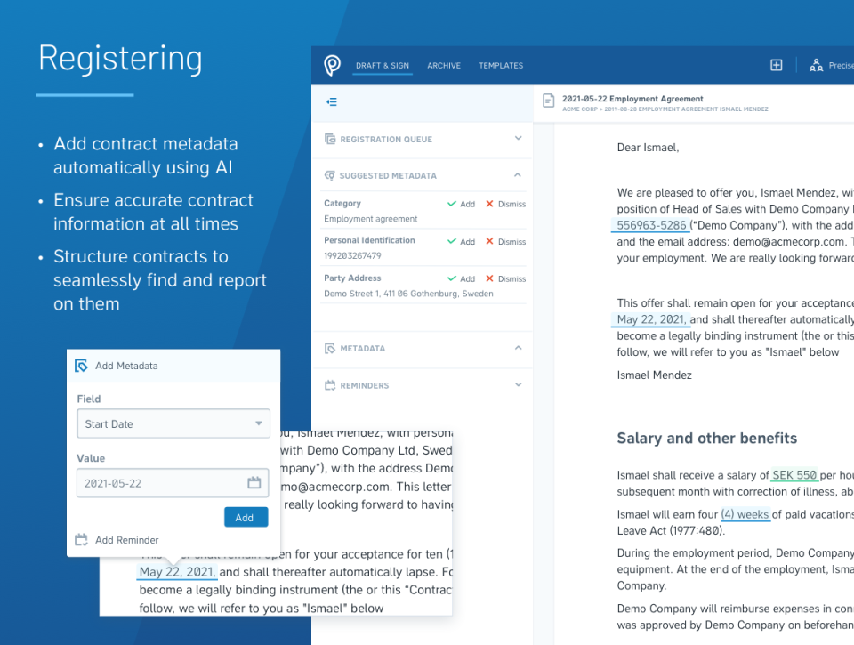 Easily register contracts using Precisely's AI. Carry all the contract metadata in a structured way from start to finish.