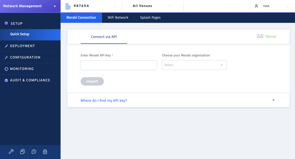 Boundless Automation screenshot: The Boundless Automation solution connects with Cisco Meraki organizations via the Meraki API key.