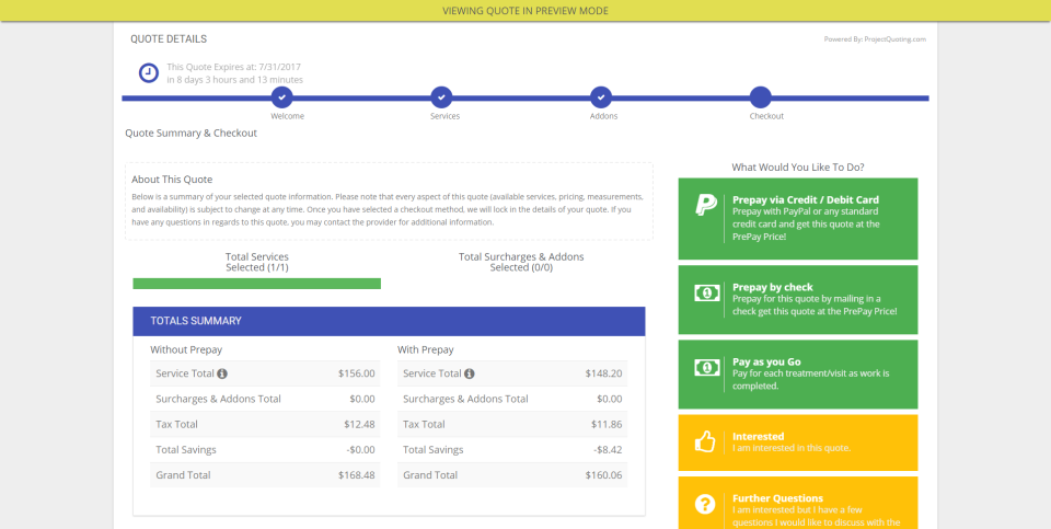 Customer quote review and checkout experience