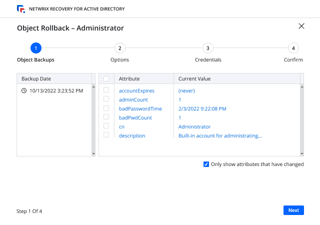 Netwrix Recovery for Active Directory change history