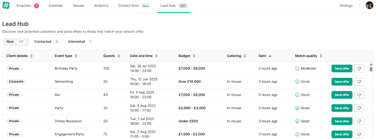 Tagvenue Pro screenshot: Tagvenue Pro send offers and contracts